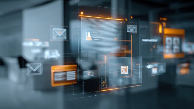 Holographic interface showing artificial intelligence agent autonomously scheduling meetings emails and workflows seamlessly. Productivity office efficiency and intelligent automation technology.