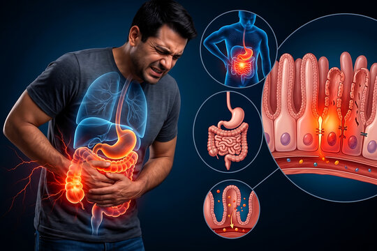 Man suffering from abdominal pain with medical illustration of digestive system