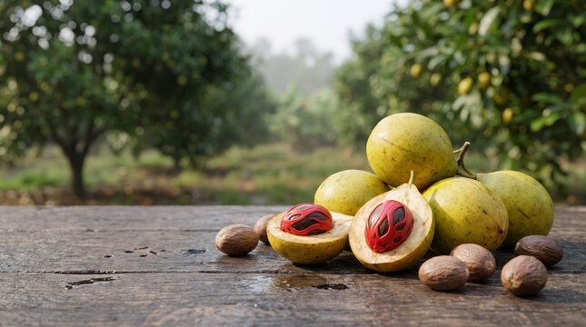 Fresh nutmeg fruit, red mace, and whole seeds represent the natural spice supply chain from tropical harvest to food production and ingredient sourcing.