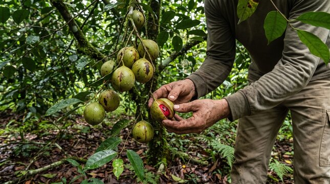 Fresh nutmeg fruit ripening on a tropical spice tree, with red mace naturally visible. Suitable for spice agriculture, food supply, sustainability, and agricultural education.