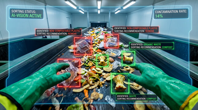 Automated food waste sorting on industrial conveyor belt