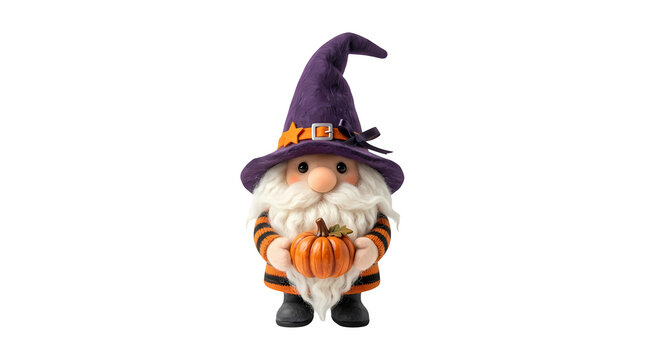 Halloween gnome wearing purple witch hat holding orange pumpkin with transparent background.