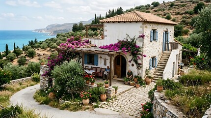 Fototapeta premium Traditional mediterranean stone house with sea view and bougainvillea