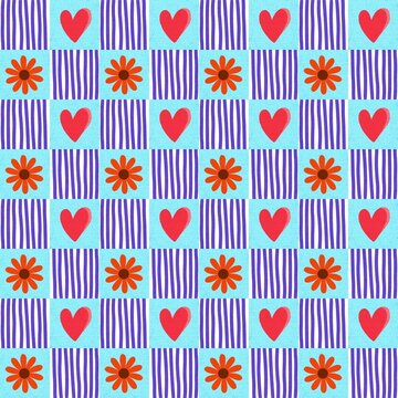 Cute seamless floral pattern with orange flowers red hearts and purple stripes on blue background