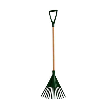 Gardening rake with plastic tines and wooden handle on a white background, gardening equipment, outdoor tool, yard work, planting equipment, garden tool