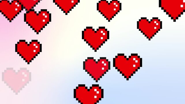 4k footage animation of Valentine's pixel red heart pattern. Vintage bed symbol. 8 bit vanimation illustration with rainbow colourful background. Motion animation design.
