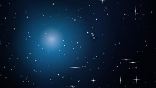Deep blue starry night sky with a bright central light and scattered twinkling stars
