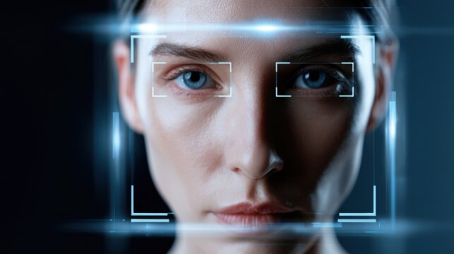 Facial recognition scan of a young woman with striking blue eyes and a serious expression. The scan is indicated by futuristic blue light and targeting squares overlaying her face