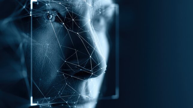 Facial recognition technology scans a person's face, highlighting the technology's capabilities in identification and security applications