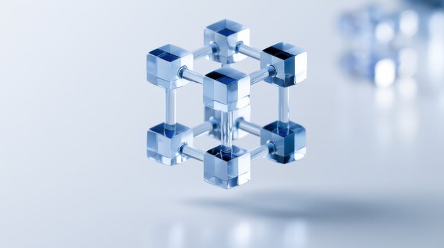 A crystal cube structure on a light blue background, representing data or connection