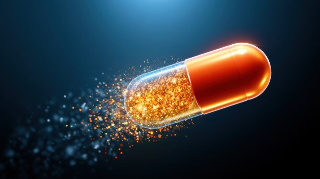 A glowing capsule filled with golden particles, appearing to disintegrate or release its contents against a dark, blue-hued background. The capsule is bright and translucent.