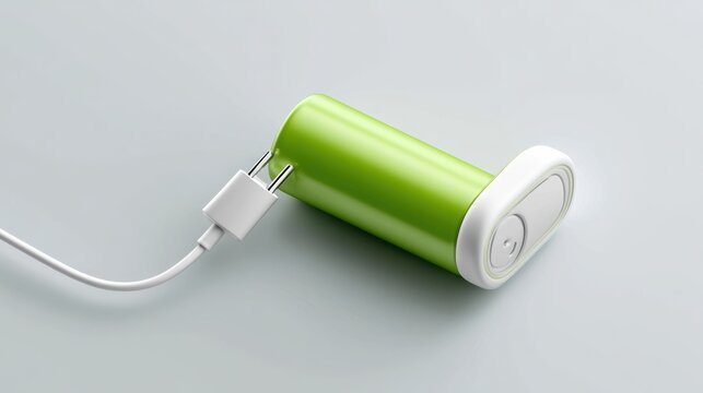 A vibrant green portable power bank, also known as a battery charger, connected to a white USB cable, lying on a light grey surface. The power bank has a compact.