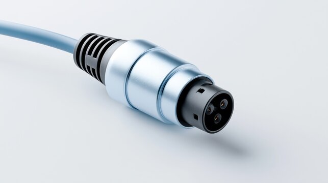 A close-up shot of an electronic connector with a grey cable and a silver metallic connector with black pins, ready to be plugged in