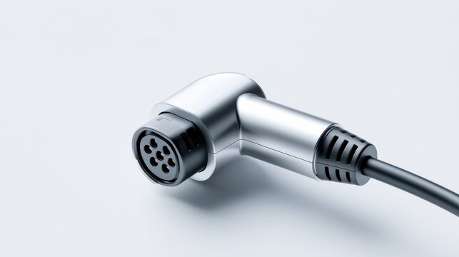 Close-up of a silver metal electrical connector with a black cable attached, angled for easy access