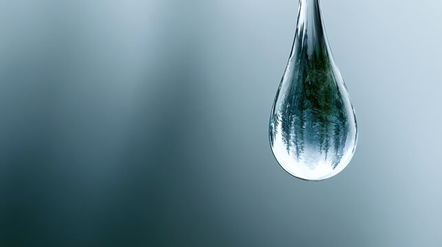 A single drop of clear water hangs suspended, reflecting a blurred green landscape. The macro shot emphasizes the purity and surface tension of the water, creating a sense of calm and refreshment