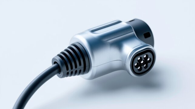 A close-up, detailed shot of an electrical plug connector for an electric vehicle, showcasing its metallic casing and multiple pins