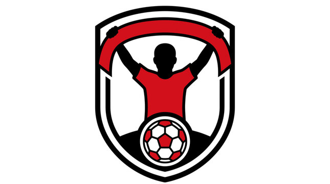 Dynamic sports emblem featuring a shield with a soccer player motif and ball at the bottom, symbolizing team pride and athletic action.