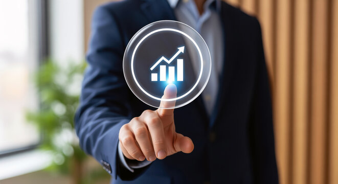 Growth arrow icon over ascending chart bars meaning profit increase and market success, upward trend sign suited to financial forecasts, investment gains and business development materials