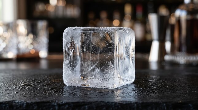 Crystal clear ice cube carved with snowflake pattern on slate tray in bar for cocktail glass, whiskey beverage, and cold drink.