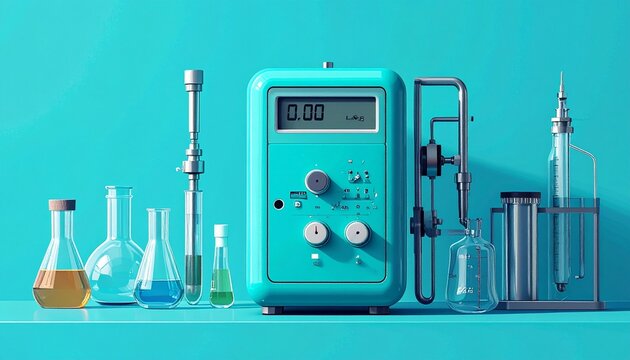 Laboratory Equipment Setup with Digital Device and Glassware.