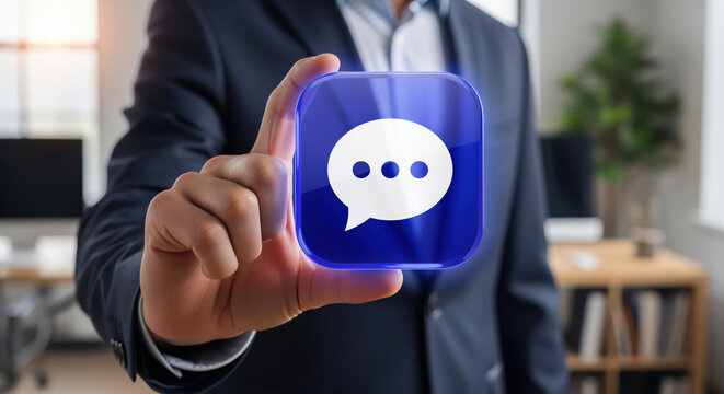 Messaging icon of a plump speech bubble, dialogue emblem carrying friendly texts and quick answers, group chats and daily talk in messenger promotions and social contact publications