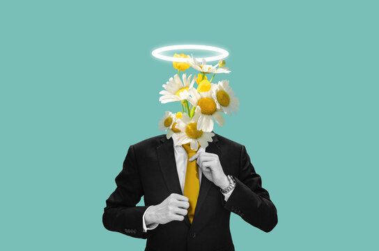 Digital collage, Businessman in black suit with flowers head