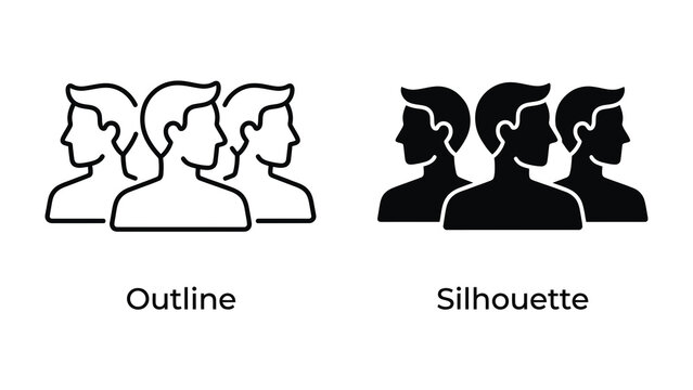 Team Iconography: A set of stylized human figures presented in both outline and silhouette, representing a group or team.