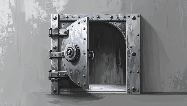 Old Metal Safe with Open Door on Concrete Wall.