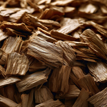 Oak chips pile with gold hues textured wood pieces natural material close up rustic dry organic background