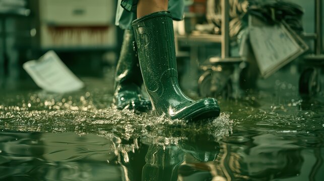 Person wearing green rubber boots walking through deep water puddle causing splash in indoor flooded environment