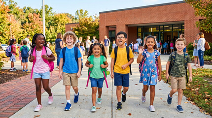 Fototapeta premium Students walk happily toward the school entrance while wearing their colorful backpacks together.