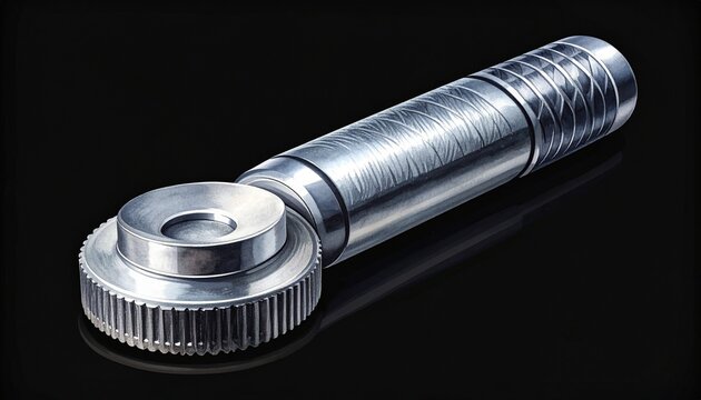 Close up of a metallic threaded rod with knurled end.