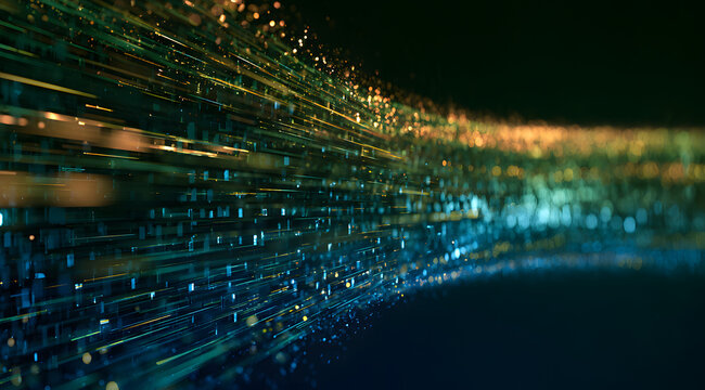 A flowing digital abstraction of organized data files, symbolizing efficient data management and cloud storage solutions, is depicted with lines and particles on a dark backdrop.