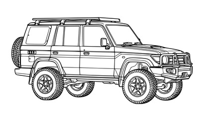 Fototapeta premium Rugged off road SUV with roof rack line art vector outline icon