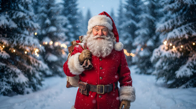 Retrato hiperrealista de Santa Claus en un paisaje nevado, con barba blanca y traje rojo, transmitiendo magia, tradici&oacute;n y esp&iacute;ritu navide&ntilde;o.