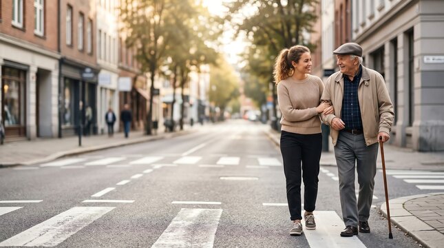 A young woman assisting an older man walking across a city street crosswalk
