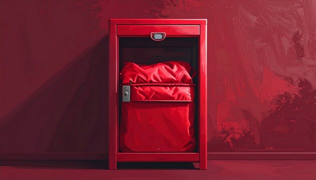 Red boxing gloves in a red display case against a red wall.