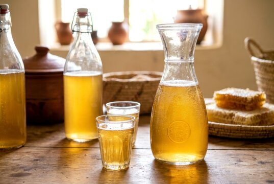 Traditional Eritrean Mies Honey Wine in Glass Carafe and Bottles on a Rustic Wooden Table