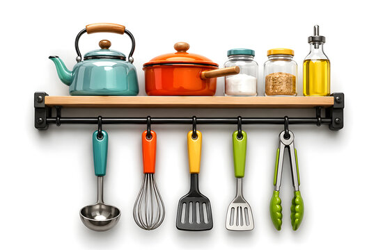 colorful kitchen utensils on wall rack