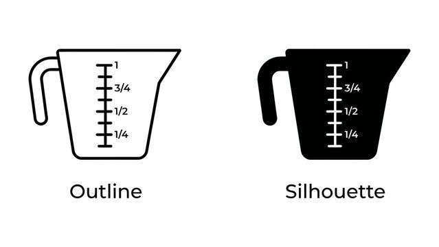 Measuring Cup Icon: A clean, minimalist depiction of a measuring cup, presented in both outline and silhouette forms, showcasing its scale and measurement markings for culinary precision.