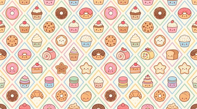 Sweet bakery seamless pattern vector background with donut, cupcake, cookie, strawberry dessert, and pastel elements.