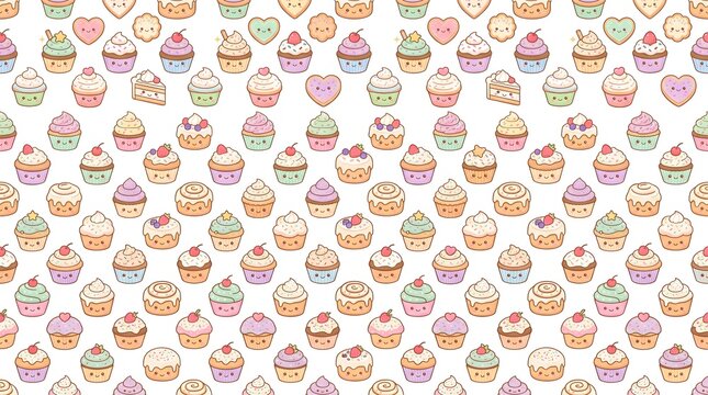 Sweet bakery seamless pattern vector background with donut, cupcake, cookie, strawberry dessert, and pastel elements.