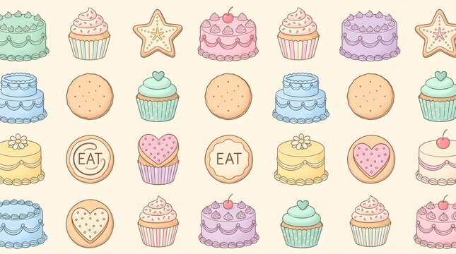 Sweet bakery seamless pattern vector background with donut, cupcake, cookie, strawberry dessert, and pastel elements.
