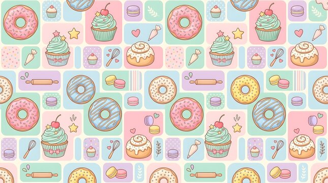 Sweet bakery seamless pattern vector background with donut, cupcake, cookie, strawberry dessert, and pastel elements.