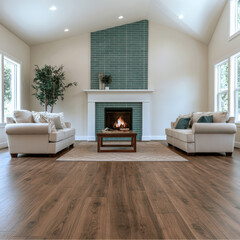 Fototapeta premium Warm cozy living room with brown wood floor, beige sofa, fireplace, green tile, natural light, modern decor, inviting atmosphere