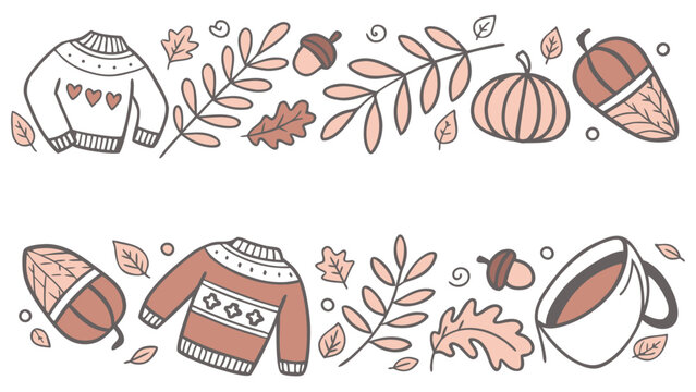 Cozy autumn border frame banner with knitted sweater pumpkin acorns leaves and coffee cup vector