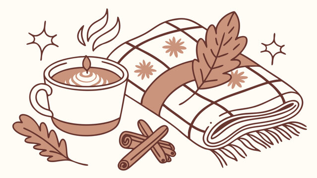 Cozy hygge autumn scene with coffee cup warm plaid blanket cinnamon sticks and oak leaves vector