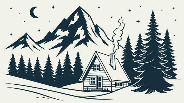 Winter mountain landscape with wooden cabin pine forest crescent moon and stars vector illustration