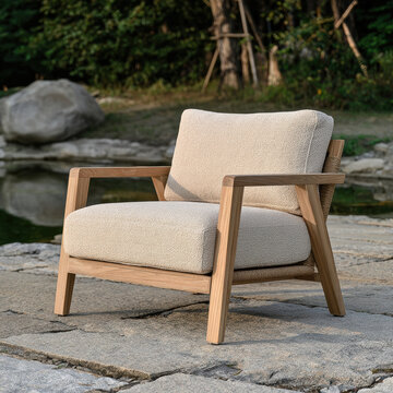 Modern outdoor lounge chair with wooden frame, cream cushion, natural setting, comfortable seating, serene atmosphere, contemporary style