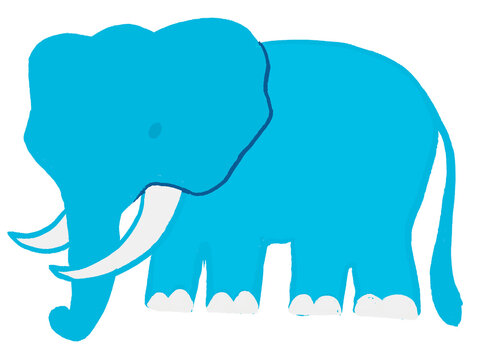 Blue elephant illustration standing, isolated on transparent background.